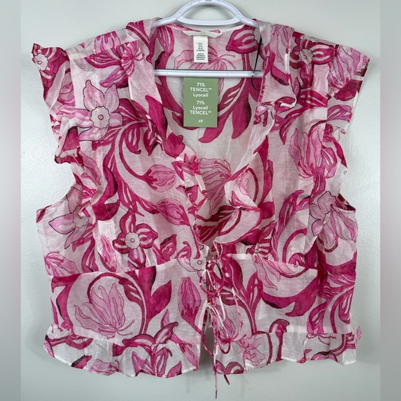 H&M Floral‎ Ruffle Sheer Sleeveless Blouse Pink White XL Tie NWT Cropped Spring - Picture 1 of 5